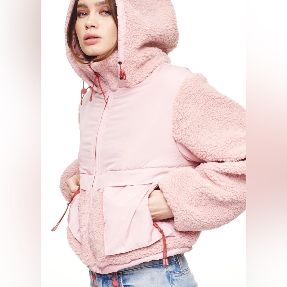 NWT Ena Pelly Blush Pink Sherpa Hooded Zip Jacket Street Luxe Coat Sz 6